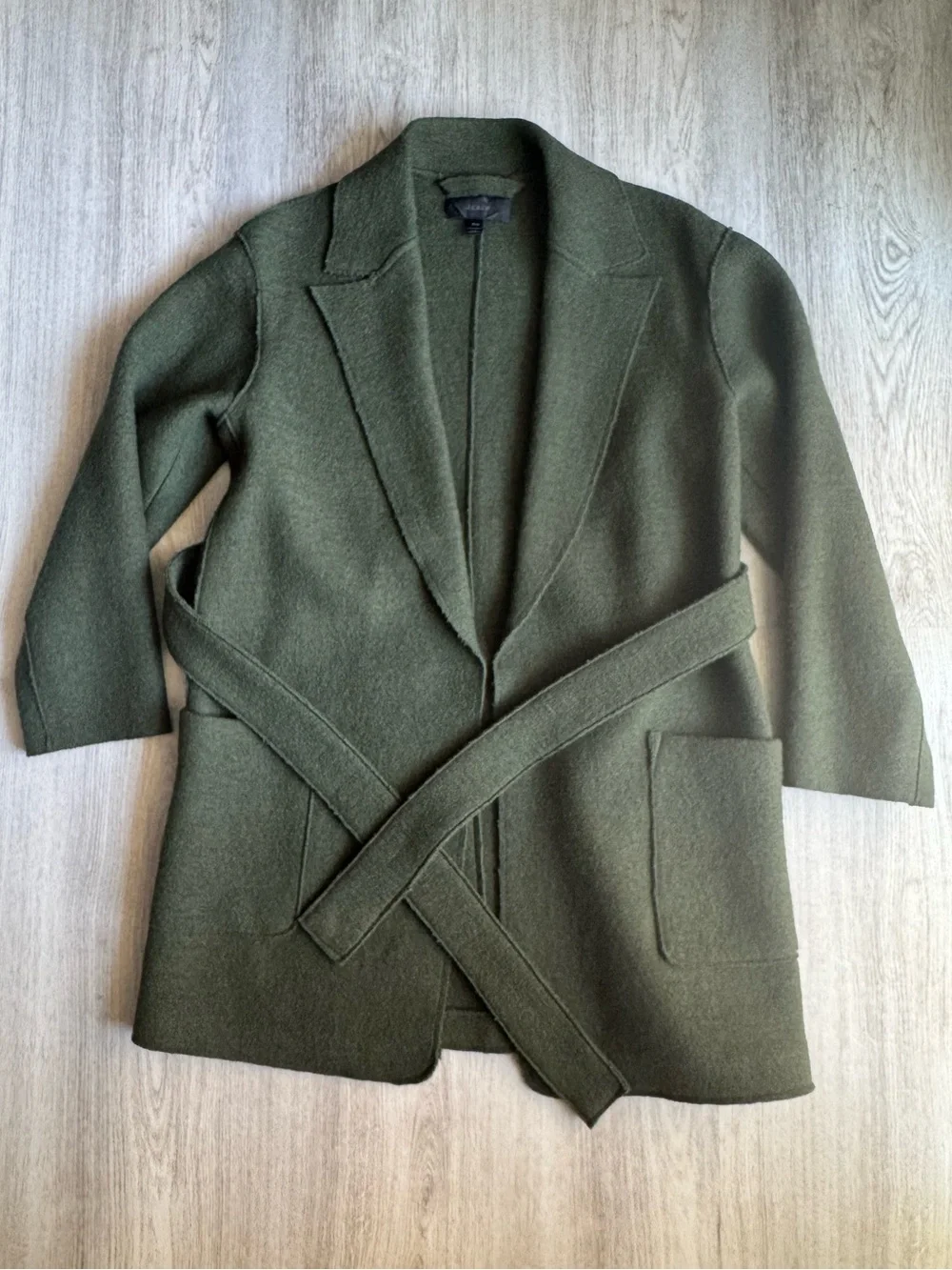 J. Crew Olive Moss Green Boiled Wool Warm Wrap Blazer Coat w Tie Belt Petite XS
